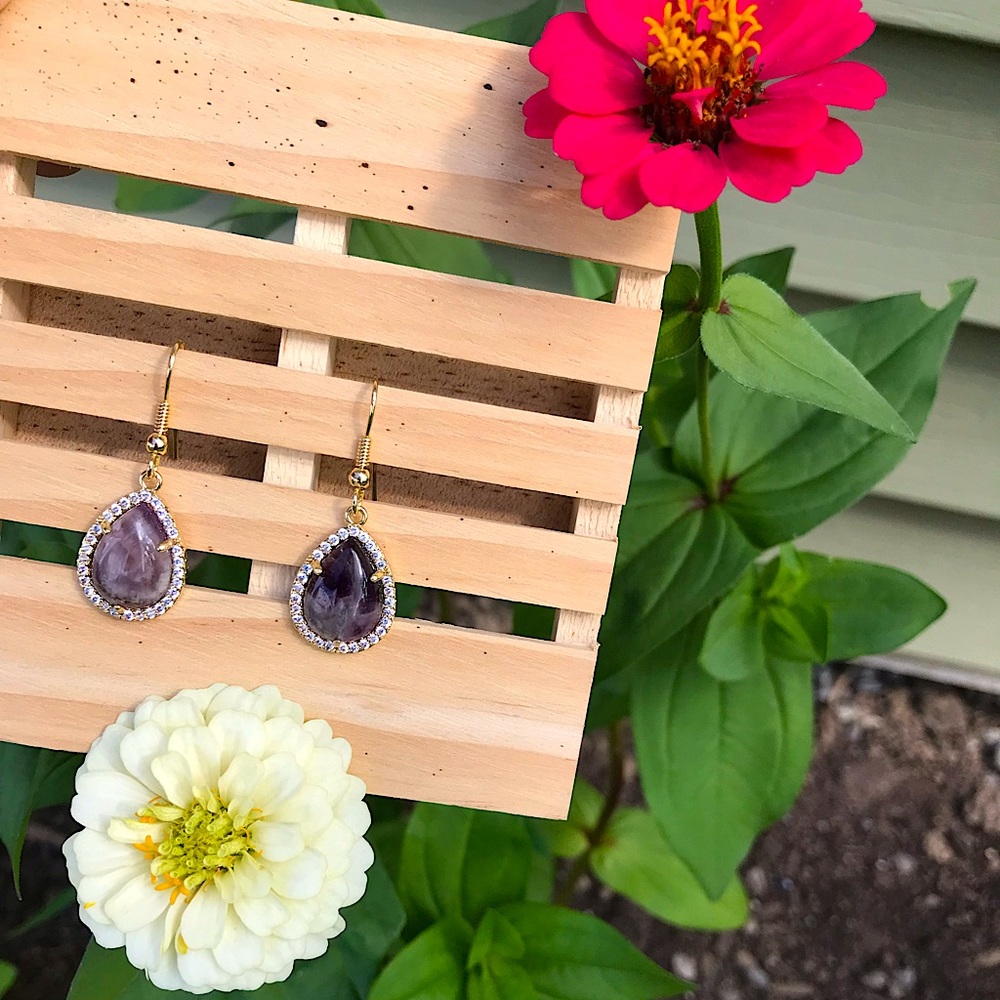 Gold Teardrop Shaped Amethyst &Rhinestone Earrings